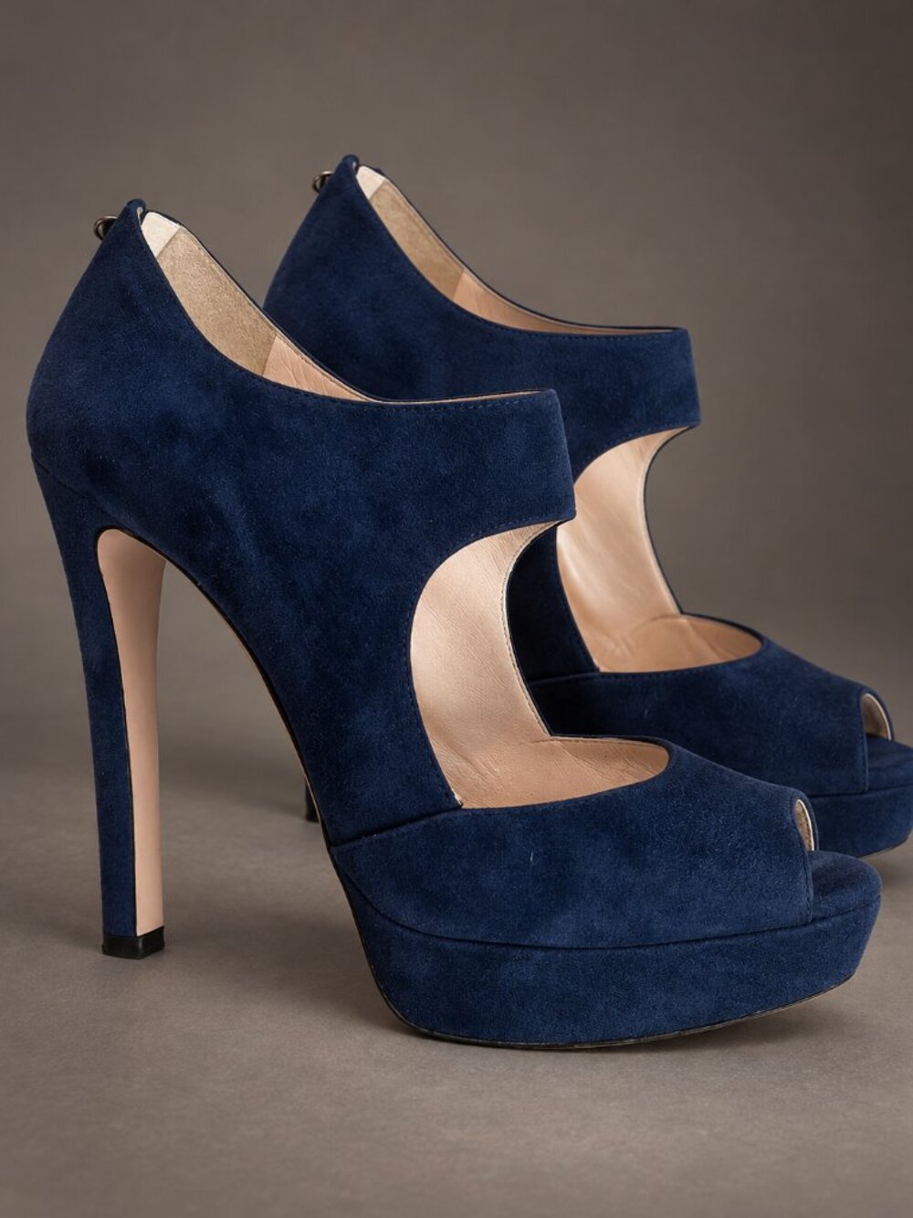 Prada Navy Suede Peep Toe Platform Booties Cutout Stiletto Back Zip 35